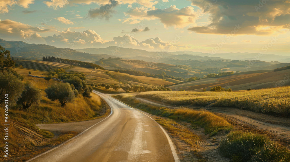 Fototapeta premium a long a and winding road that disappears off into the distance of a beautiful vista