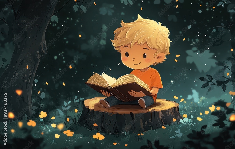 Fototapeta premium Boy Reading a Book on a Tree Stump Illustration