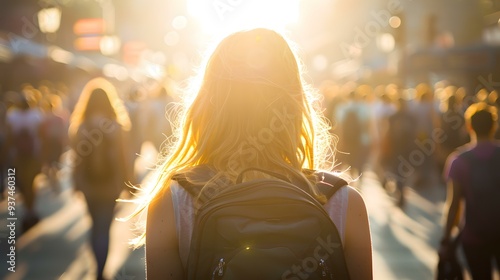 Woman walking in crowd with backpack on a sunny day