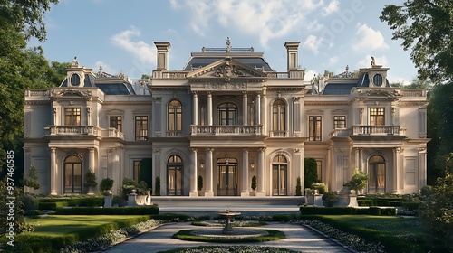 Grand French Chateau - 3D Illustration of a Luxurious Mansion with Garden