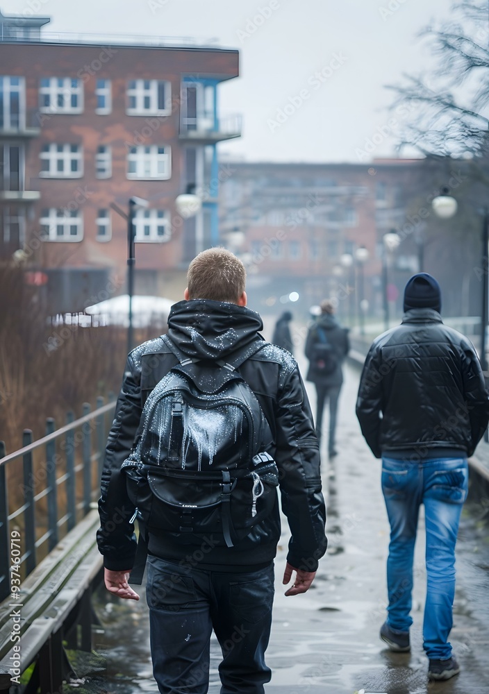 Fototapeta premium Man with backpack walking on a street in the city in winter