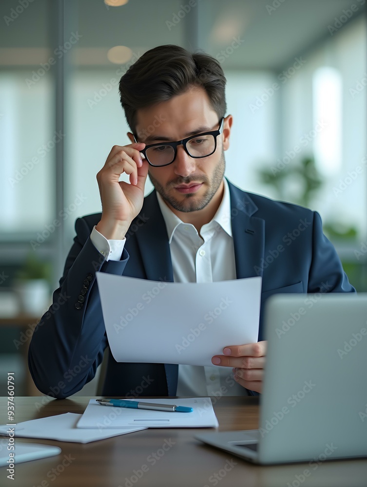 Focused Businessman Reviewing Documents in Office