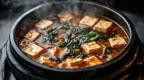 Steaming bowl of Korean sundubu-jjigae (soft tofu stew) in a clay pot, with open space at the bottom for text.