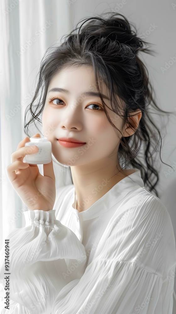 Young Asian Woman Holding Skincare Product With White Background Young Asian Woman Holding Skincare Product With White Background