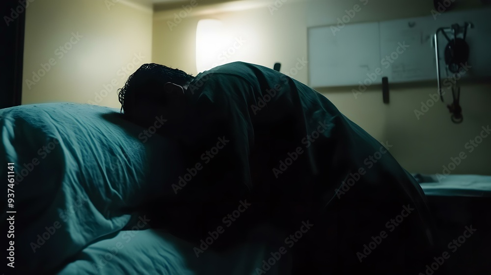 Man Lying On Hospital Bed In Darkness Man Lying On Hospital Bed In Darkness