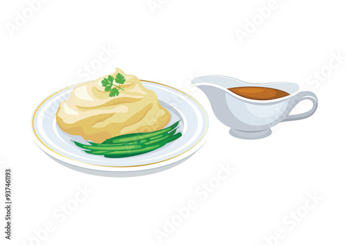 Mashed potatoes with green beans and gravy vector illustration. Mashed potatoes on a plate icon vector isolated on a white background. Gravy sauce boat drawing