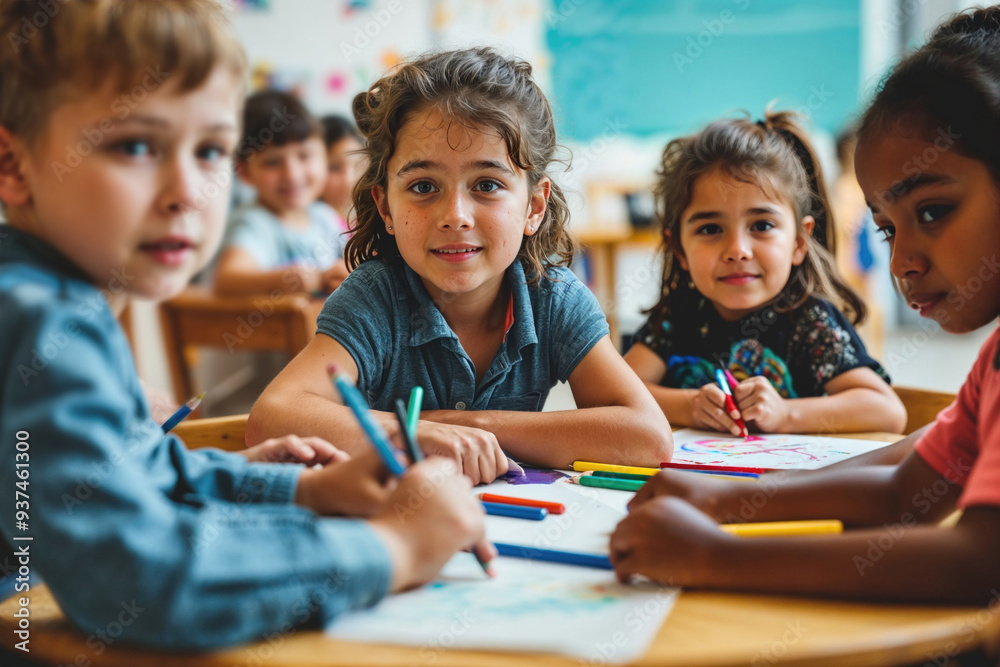 Fototapeta premium Group of young kids happily drawing in classroom. Generative AI image