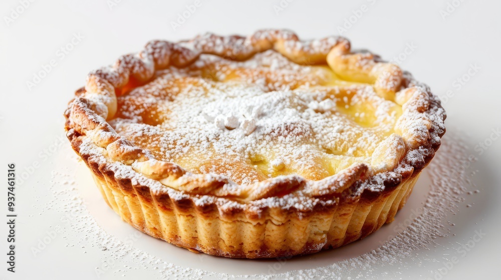 Small Round Tart with Powdered Sugar on White Background Small Round Tart with Powdered Sugar on White Background