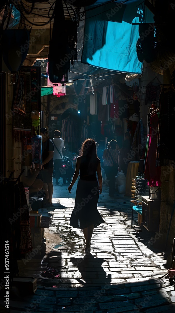 Woman Walking Through a Narrow Street in Middle Eastern Market Woman Walking Through a Narrow Street in Middle Eastern Market
