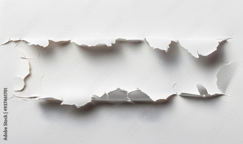 Ragged hole torn in ripped paper, isolated on white background.