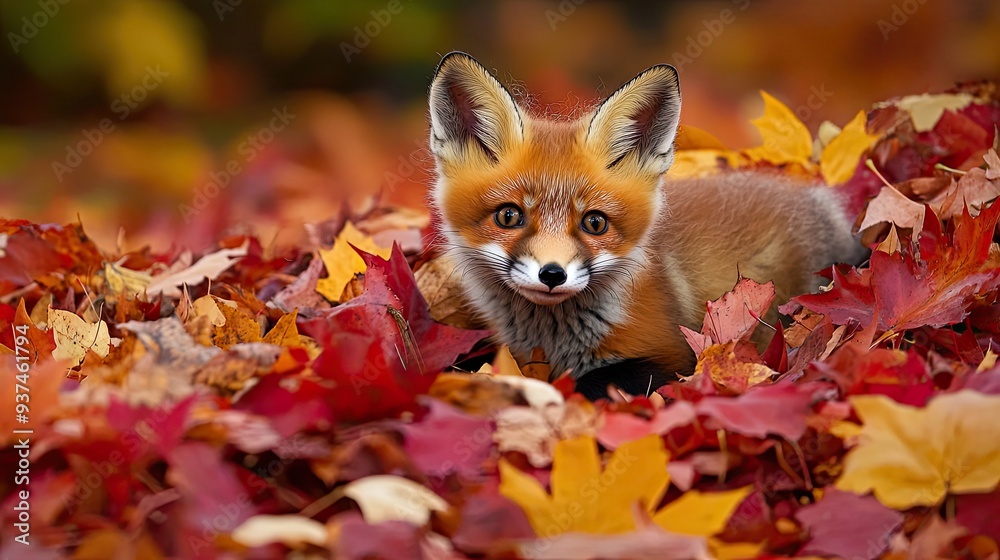 Fototapeta premium Frisky fox kit darting out of a pile of red and yellow autumn leaves in park