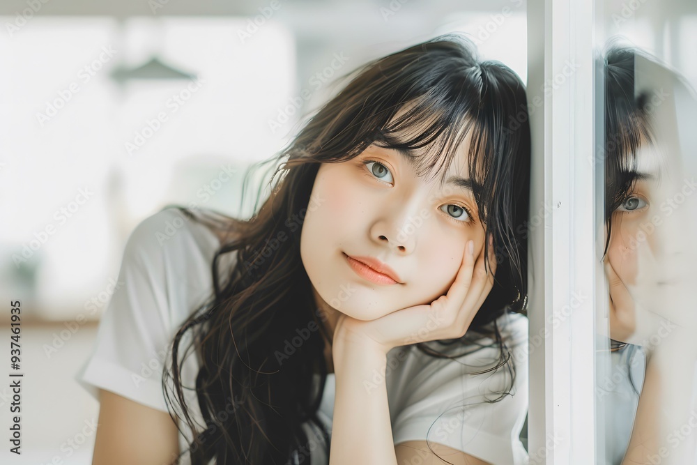 Portrait of a Young Asian Woman with Long Hair and Green Eyes Leaning on a Window Portrait of a Young Asian Woman with Long Hair and Green Eyes Leaning on a Window