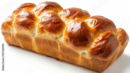 Fresh Baked Golden Brown Challah Bread Loaf on White photo