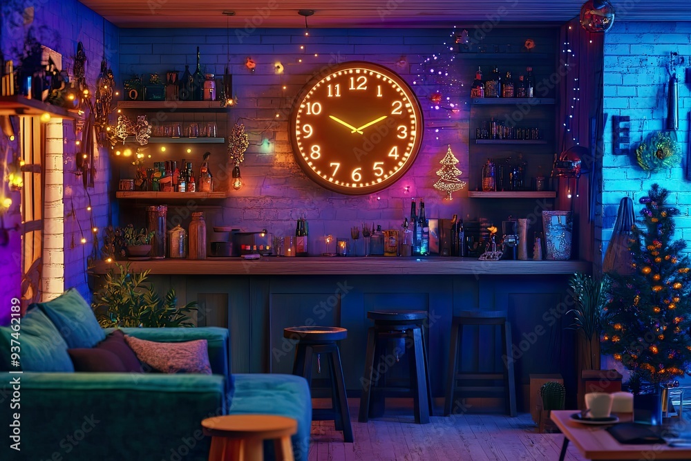 Naklejka premium A cozy bar setting with warm lighting, a large clock, and festive decorations.