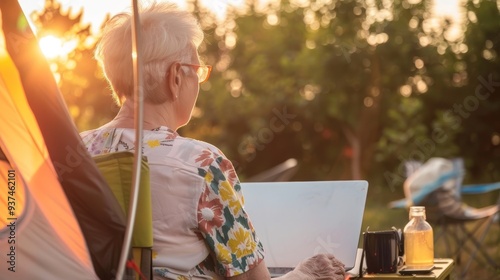 Elderly Woman Working on Laptop in Tent During Sunset Camping in Nature, Emphasizing Outdoor Adventure, Technology Use, and Active Senior Lifestyle photo