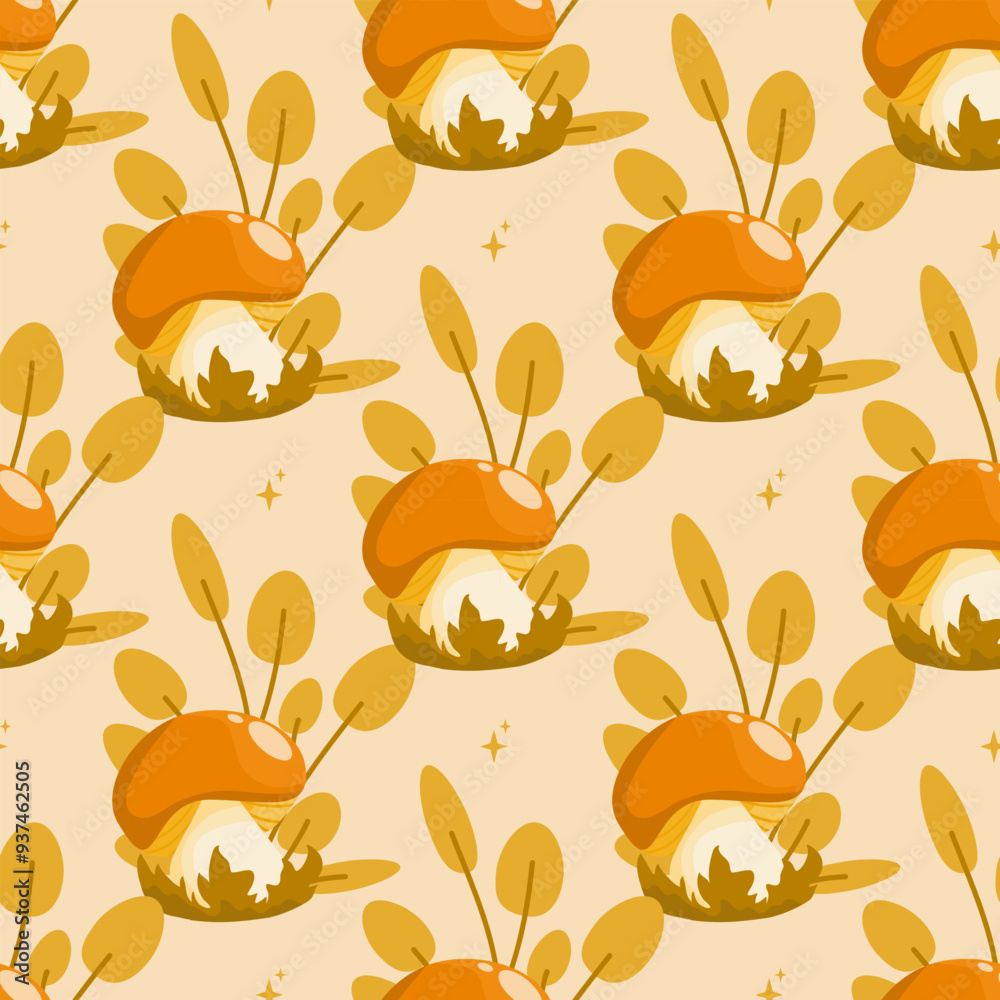 Naklejka premium Happy harvest, seamless pattern with mushrooms and herbs