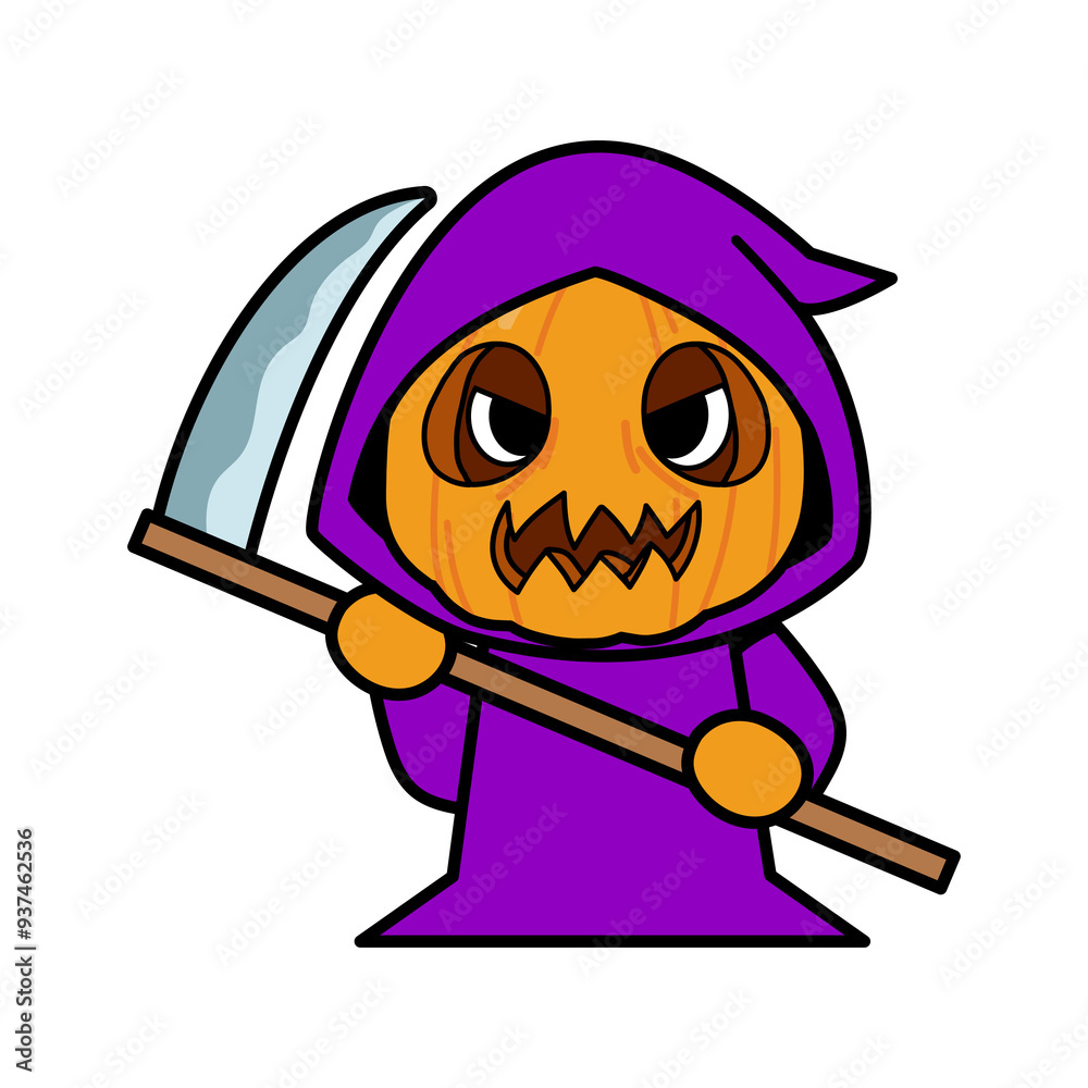 Obraz premium Grim Reaper pumpkin Holding Scythe Cartoon, Halloween skeleton death