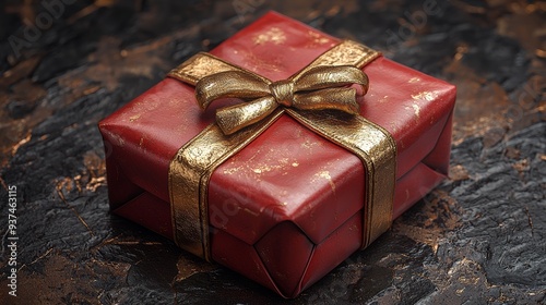 A beautifully wrapped red gift box adorned with a gold bow placed on a textured dark surface, ready for presentation during the holiday season