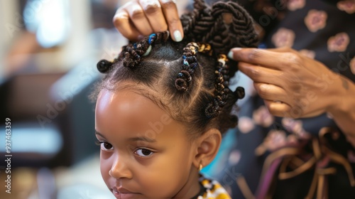 Toddler Girl Getting Hair Braided in Bantu Knots by Adult photo