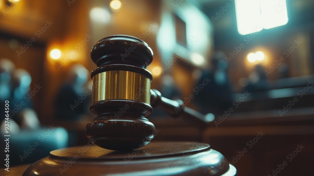 Close-up of a gavel in a courtroom, with a blurred figure in the background, justice in action Close-up of a gavel in a courtroom, with a blurred figure in the background, justice in action