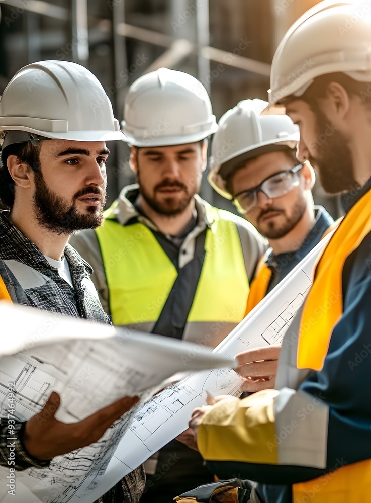 Construction Workers Examining Blueprint on Job Site Construction Workers Examining Blueprint on Job Site