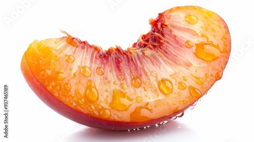 Close-Up of a Peach Slice with Water Droplets Isolated on White
