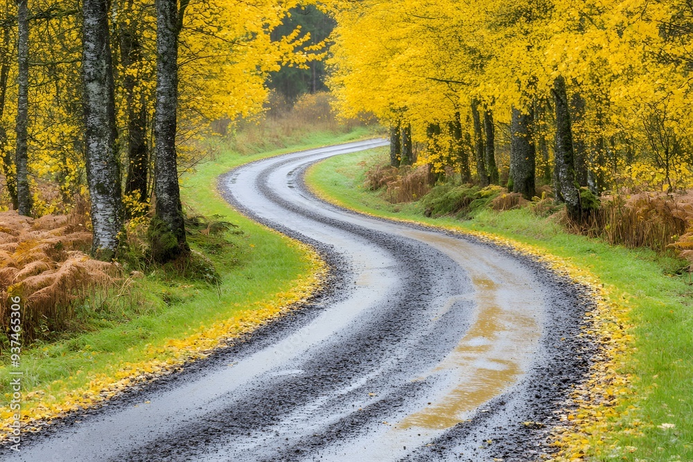 Obraz premium Winding Road Through Autumn Forest