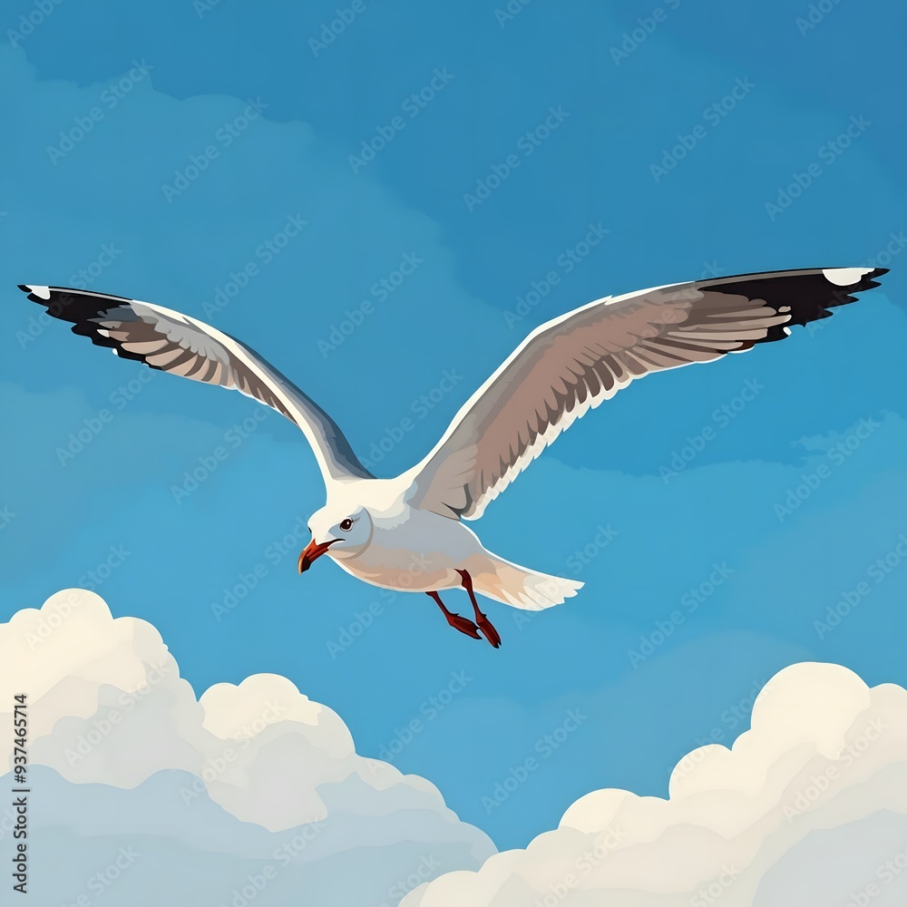 Obraz premium Majestic Seagull Soaring High in the Cloudless Sky