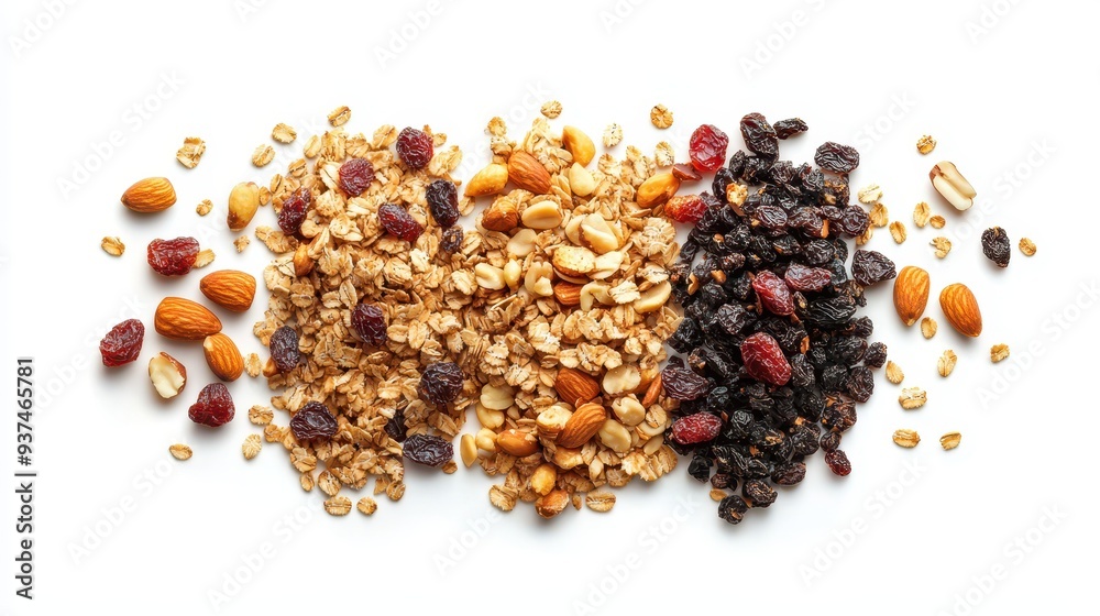 Assortment of Granola, Nuts, and Dried Fruit on White Background Assortment of Granola, Nuts, and Dried Fruit on White Background