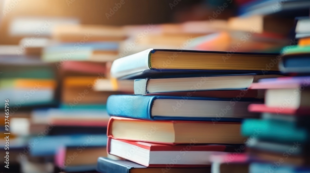 Stack of colorful books on table with a blurred background, international literacy day, celebrating reading and education, books and wisdom Stack of colorful books on table with a blurred background, international literacy day, celebrating reading and education, books and wisdom