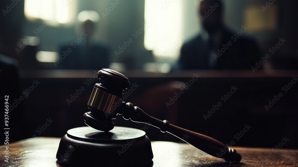Legal hammer in detail, with a blurred figure in the background, courtroom scene Legal hammer in detail, with a blurred figure in the background, courtroom scene