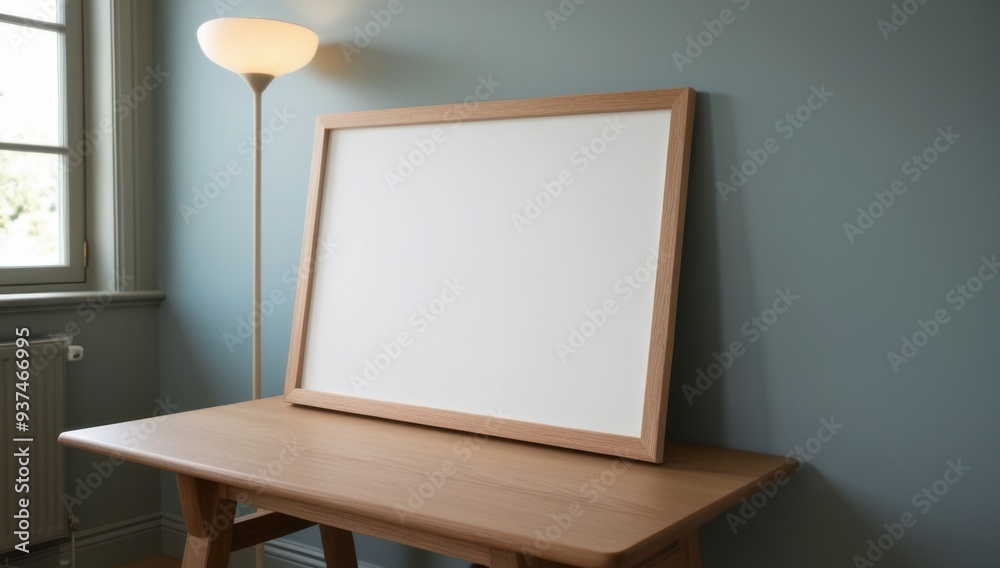 A blank framed canvas on a wooden table, illuminated by a lamp in a serene room. A blank framed canvas on a wooden table, illuminated by a lamp in a serene room.