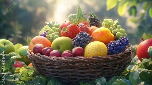 Bountiful Harvest: A Basket of Fresh, Colorful Fruits photo