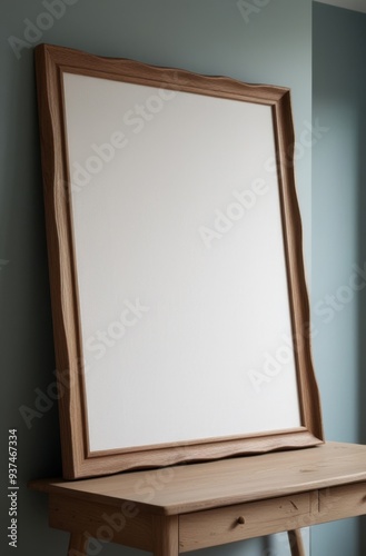 A decorative mirror with a wavy wooden frame leaning against a wall.