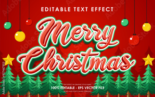 Editable Merry Christmas Text Effect with a Christmas tree and decorations in the background, suitable for a Christmas theme design. text effect in graphic style panel.