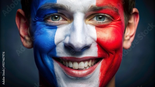 Portrait of a France national team fan with her face painted in blue, red and white