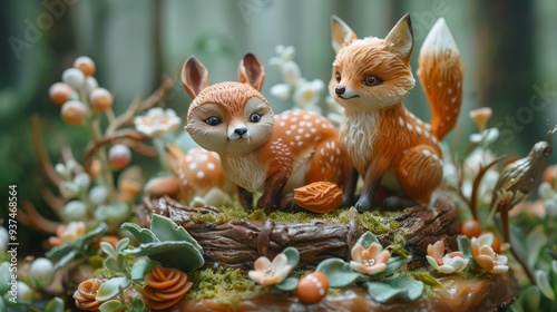 Two adorable fox figurines nestled amongst forest foliage and flowers. photo