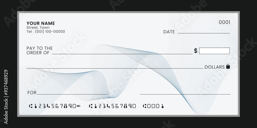 Blank bank check, checkbook cheque template or money payment paper voucher, mockup. Vector