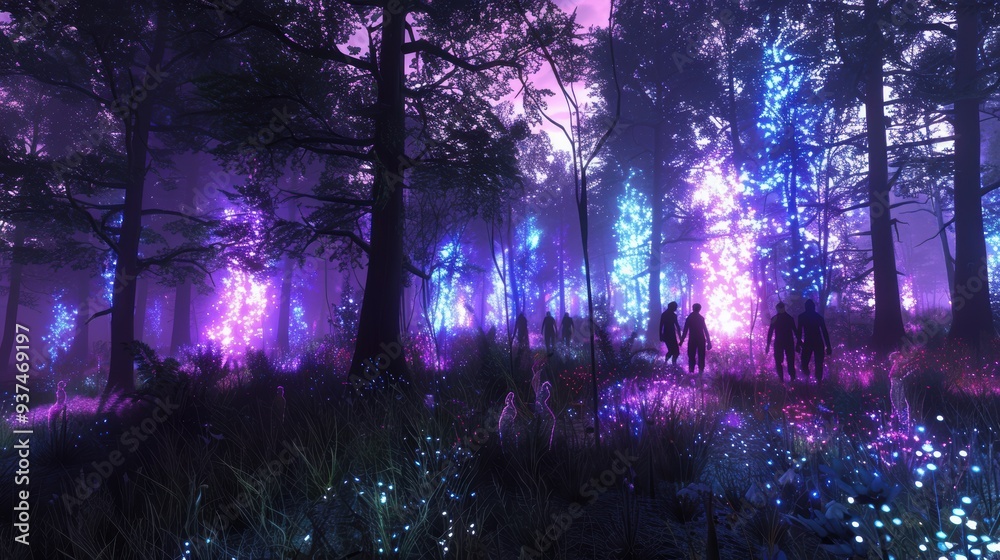 Obraz premium Two Silhouettes Walking Through a Magical Forest Lit With Neon Lights