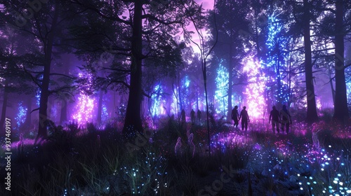 Wallpaper Mural Two Silhouettes Walking Through a Magical Forest Lit With Neon Lights Torontodigital.ca