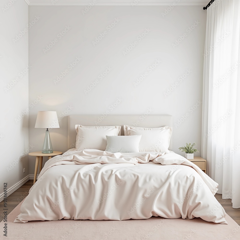 Naklejka premium Serene bedroom with white walls and a bed dressed in soft pastel bedding