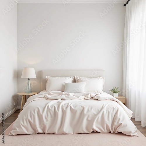 Serene bedroom with white walls and a bed dressed in soft pastel bedding