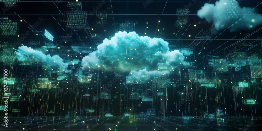 Obraz premium a hybrid cloud setup, data being seamlessly transmitted between public and private clouds