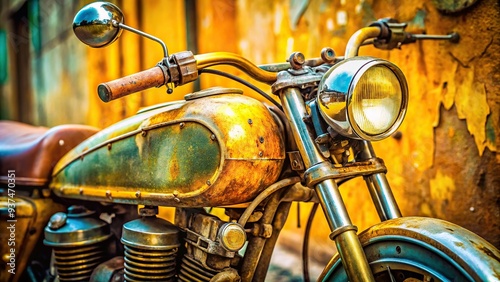 Cadmium Yellow Vintage Motorcycle Close-Up Shot Faded Patina Metal Flakes Nostalgic Atmosphere