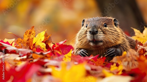 Playful beaver scurrying out of a pile of red and yellow autumn leaves in park photo