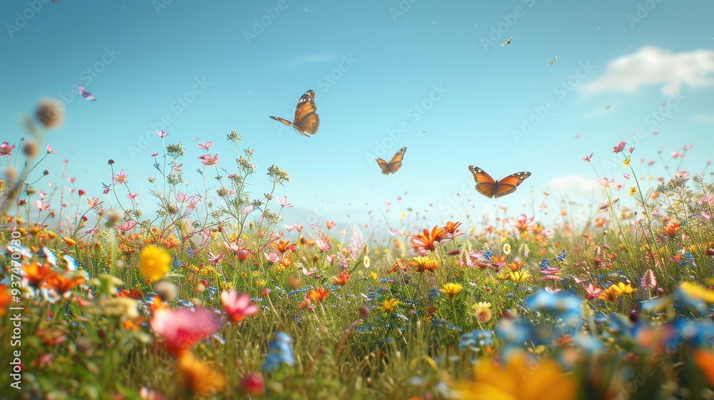 Butterflies Flying Over a Field of Vibrant Wildflowers
