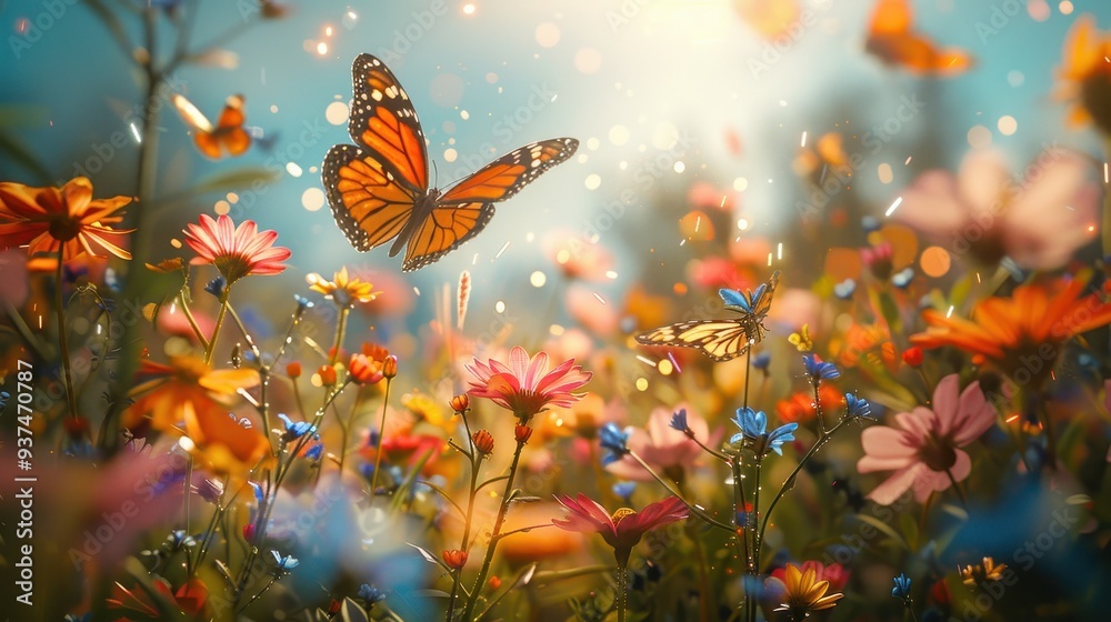Monarch Butterfly Flying Over Vibrant Wildflowers in Sunlight Monarch Butterfly Flying Over Vibrant Wildflowers in Sunlight