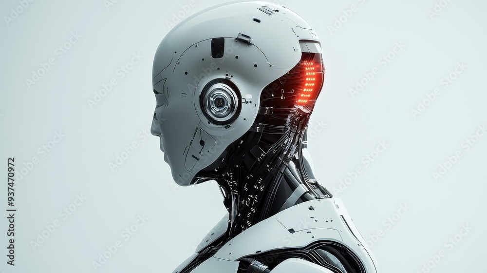 Futuristic Robot Head with Glowing Red Eye Futuristic Robot Head with Glowing Red Eye