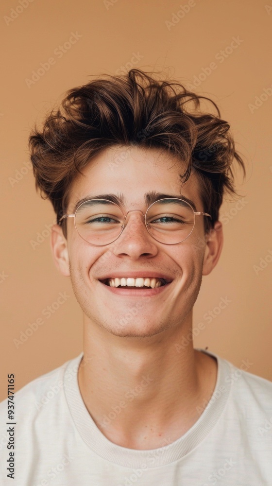 A bright smile lights up the face of a young man wearing thin glasses, set against a soft, warm background. His short hair adds to his approachable charm, inviting joy and positivity A bright smile lights up the face of a young man wearing thin glasses, set against a soft, warm background. His short hair adds to his approachable charm, inviting joy and positivity