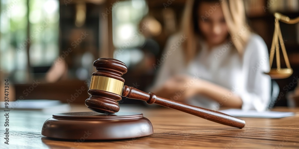 Judge's Hammer in Focus with Blurred Background of a Concerned Child Judge's Hammer in Focus with Blurred Background of a Concerned Child